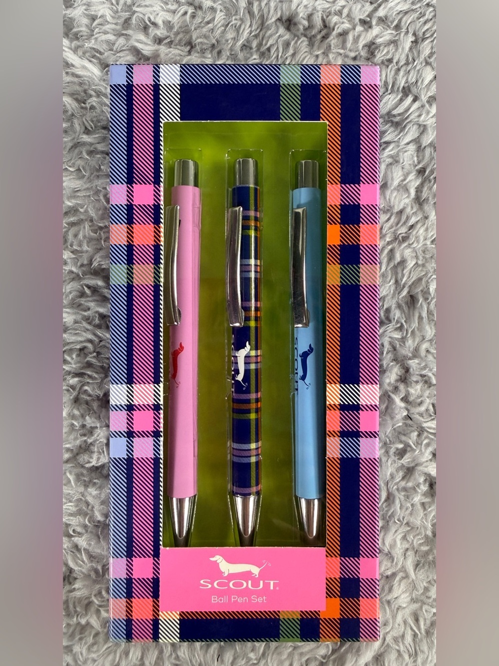New Scout Stationary Ballpoint Set 3 Pack Dachshund Dog Plaid Pens